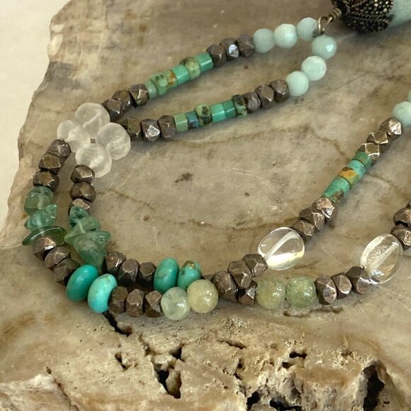 Sterling Silver 925 Turquoise Quartz Green Calcite Beaded Pendant Necklace 18" - Picture 7 of 16